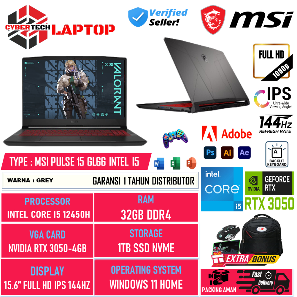 Laptop Gaming MSI Pulse 15 GL66 Intel Core i5 12450H 32GB 1TB SSD RTX 3050-4GB 15.6 Inch Win 11 Home