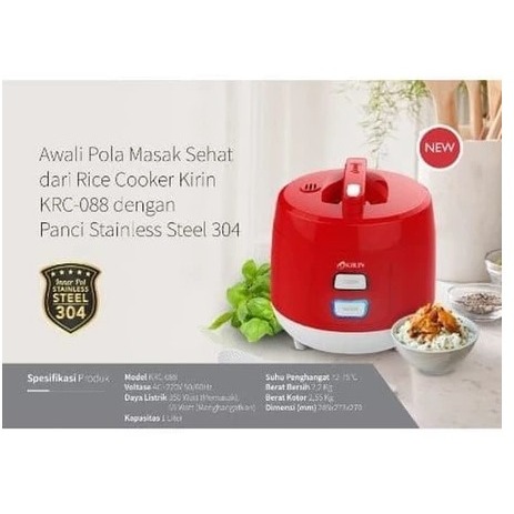 KIRIN Rice Cooker Stainless 1 Liter KRC-088 | Magic Com Penanak Nasi