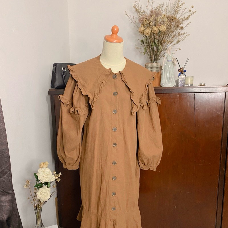 Korean Linen Dress - Dress Coklat - Dress Vintage - Cottagecore Dress - Dress Hijab Friendly
