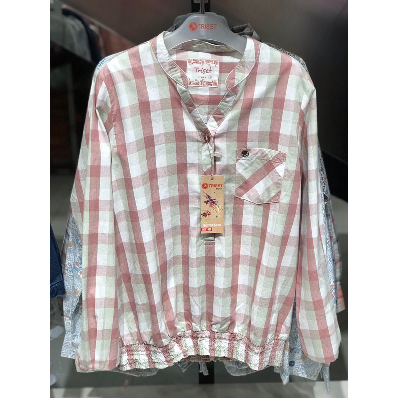 Kemeja triset wanita motif kotak-kotak S-XL