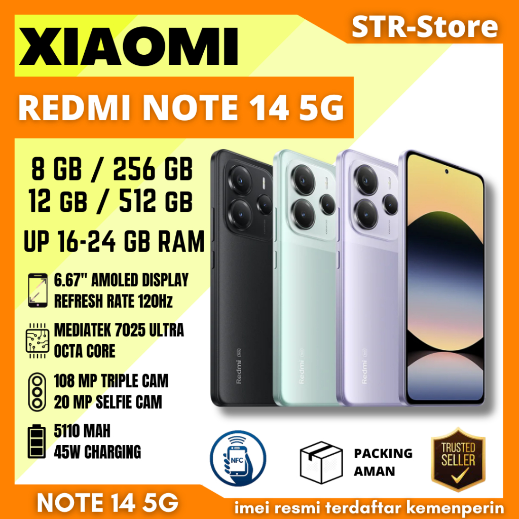 XIAOMI REDMI NOTE 14 5G 12/512 GB GARANSI RESMI XIAOMI ANDROID NOTE 14 5G 8/256 GB NFC - XIAOMI REDM