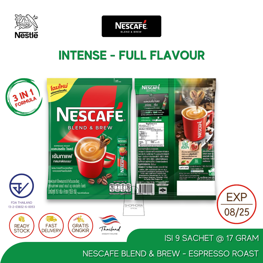 

Nestle Nescafe Blend & Brew Series 3 in 1 Instant Coffee Espresso Roast Pack Isi 9 Sachet Original Thailand Kopi Instan Hijau Intense Aroma