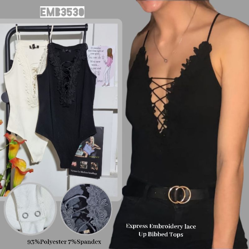 Express Embroidery Lace Up Ribbed Tops EMB3530