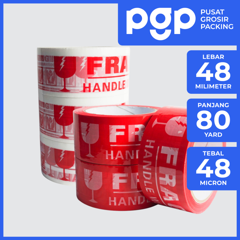 

Lakban Fragile Putih / Merah 48mm x 80 Yard | 1 Slop Isi 6 Pcs/Roll | Lakban Murah Berkualitas