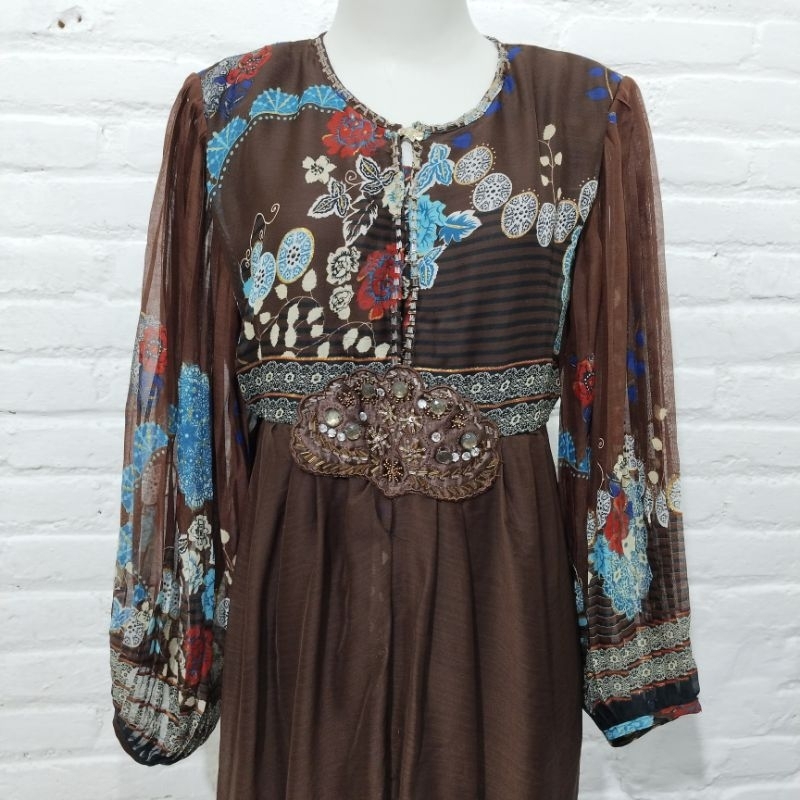 DRESS SIFON BOHEMIAN SIZE M LENGAN PANJANG PLISKET COKLAT PAYET  MOTIF BUNGA  SKU 337