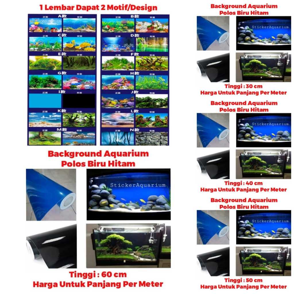 Background Aquarium MOTIF POLOS Tinggi 30 cm 40 cm 50 cm 60 cm Biru Hitam Glossy PER METER Sticker L