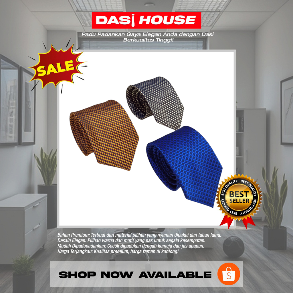 Dasi Warna Biru Elektrik, Cokelat, Krem Motif Batik dan Kotak kotak Standar Pria Formal