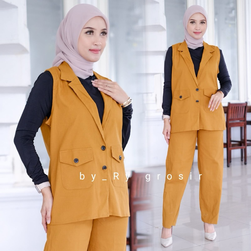 Setelan Wanita Vest Tunik + Celana Kulot Bahan Katun Twill