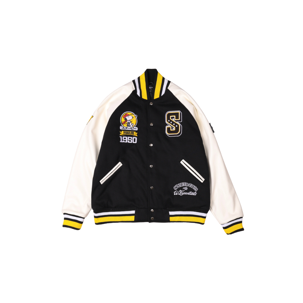 W.Essentiels X Peanuts Jacket Collegiate Varsity Jacket Snoopy Noir Black White Yellow