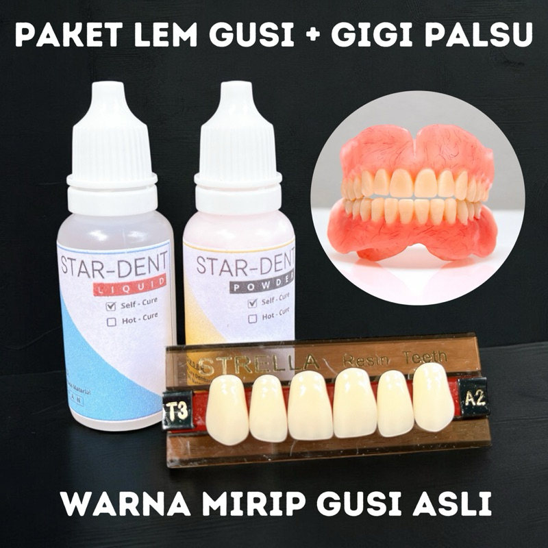 paket lem gusi dan gigi palsu tiruan - paket pasang gigi tiruan free amplas