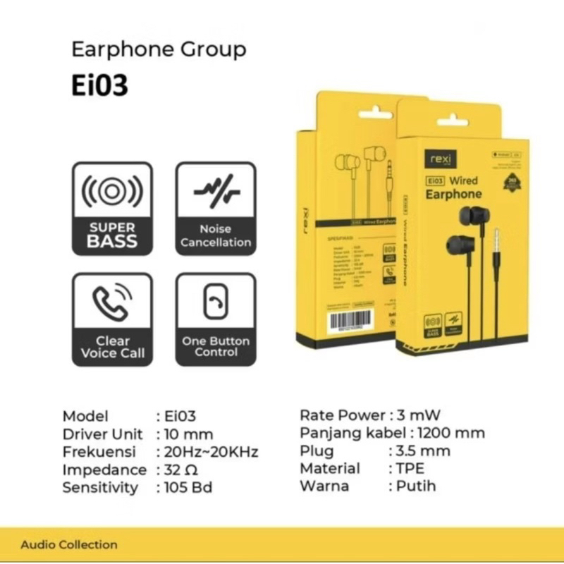 Rexi Ei03 Headset Rexi in Ear Super Bass,  Earphone Wired Ei03/Ai15-K/AS11-K/AS05-Kx/AS08-Kx