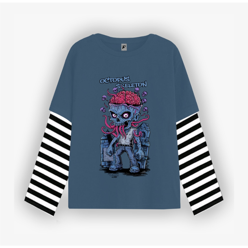 Flooks clothing Tshirt Double layer Skelton octopus flks long sleeve  kaos pria wanita