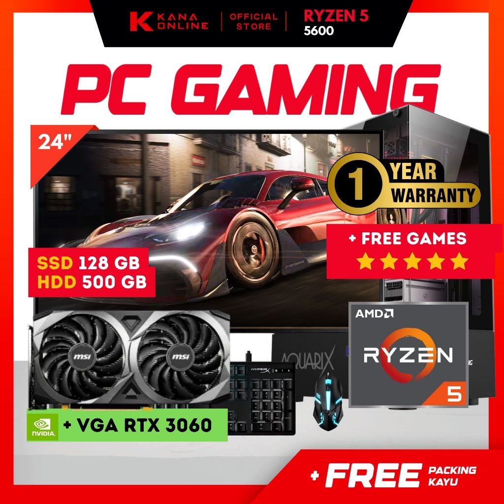 PC GAMING AMD RYZEN 5 5600 HDD 1TB RAM DDR4 16GB NVME 256GB VGA RTX FULL SET