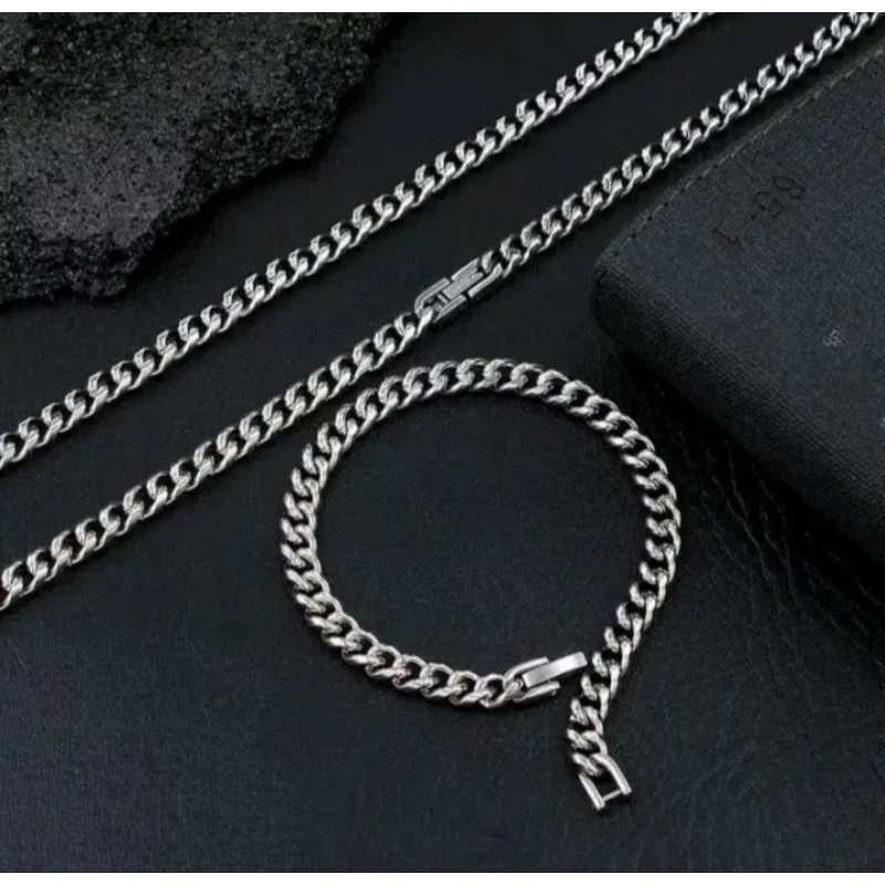 satu set kalung dan gelang rantai titanium model NK klip jam pria wanita silver antikarat tidak lunt