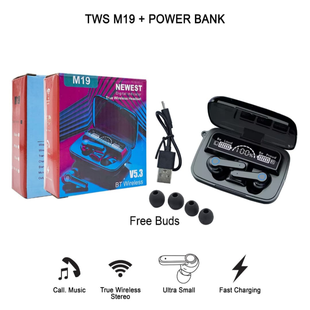 TWS GAMING TWS M19 + POWER BANK STEREO BLEUTOOTH MURAH