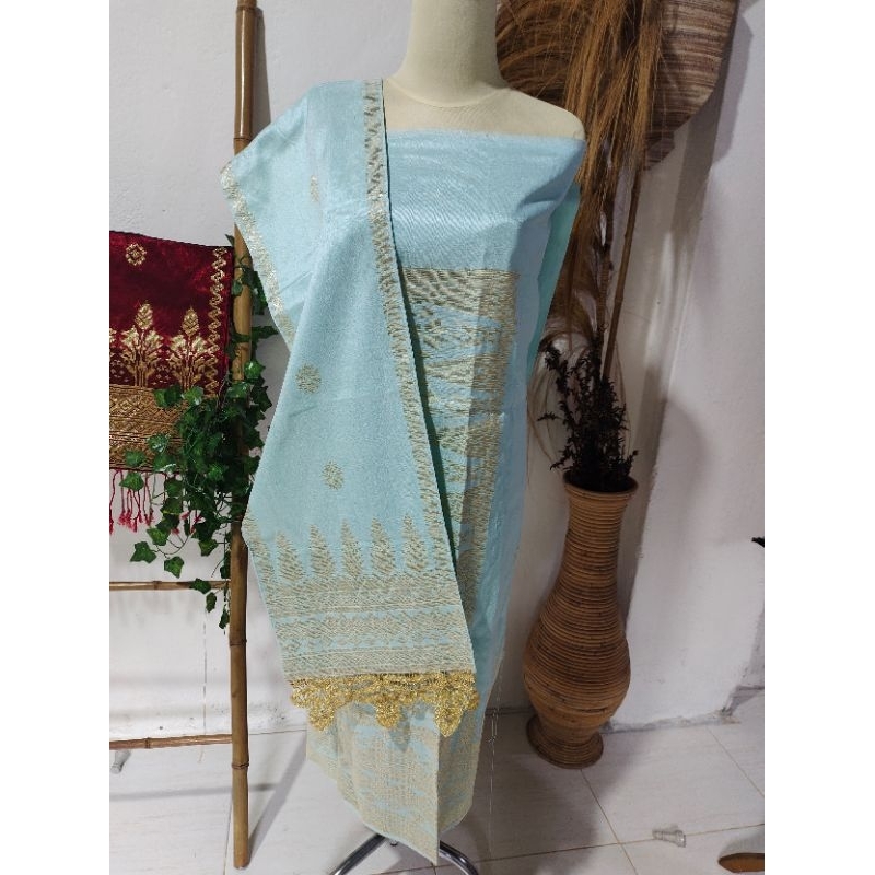 Songket silungkang warna soft biru mint, songket padang