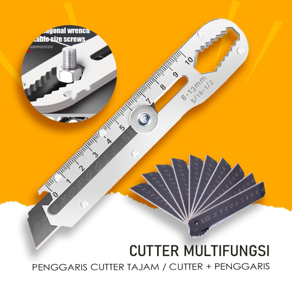 

Pisau Cutter Stainless 9 in1 Multifungsi / Cutter Penggaris / Pembuka Tututp Botol