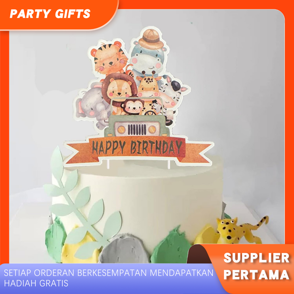 Cake Topper 1pcs CakeTopper HBD Motif Animal Satwa Cake Topper Ulang Tahun Safari