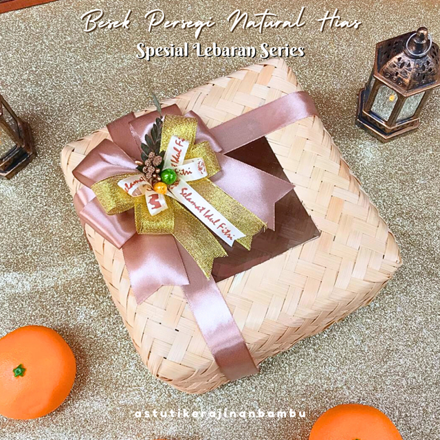 Mubarak | Besek Persegi NATURAL Besek Bambu Aneka Ukuran/Besek Hias Pita Ketupat/Ketupat Lebaran/Bes