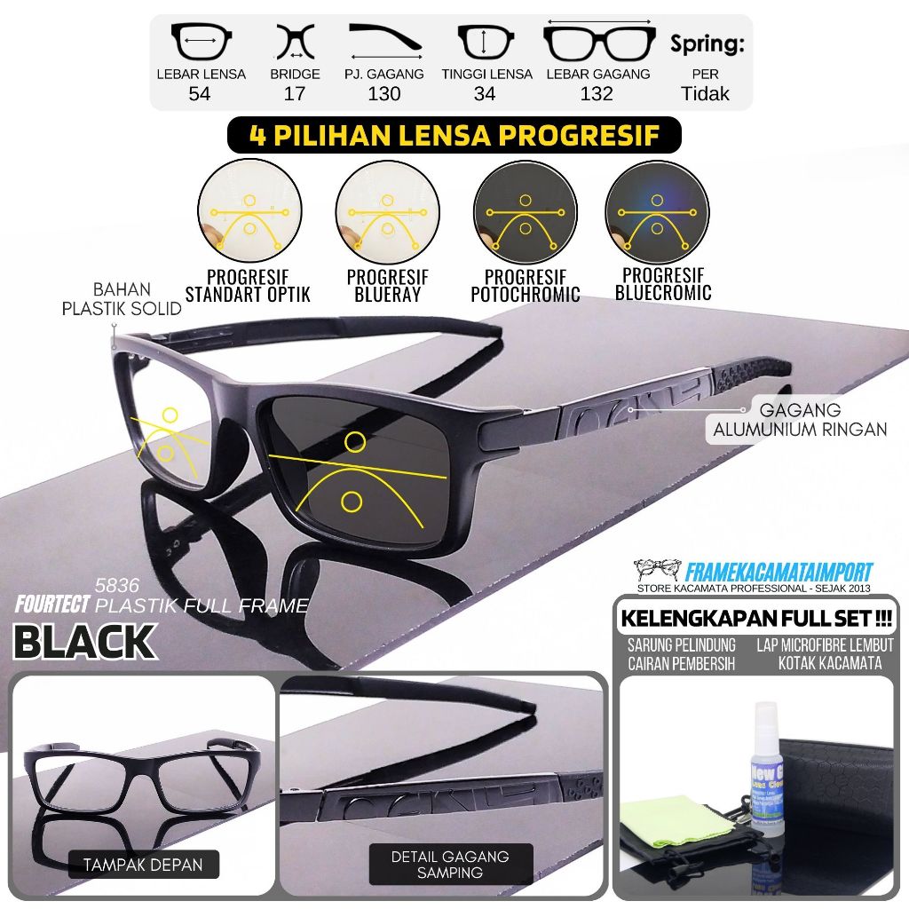 Kacamata Progresif Pria Plastik Kotak Sporty Gagang Metal