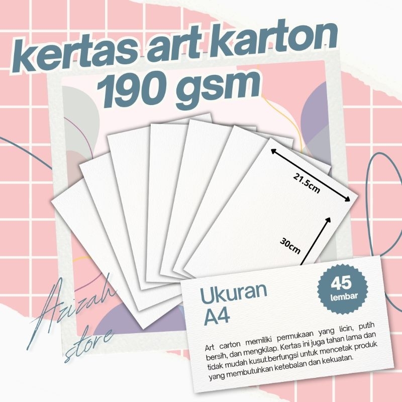 

kertas art karton ketebelan 190 gsm ukuran A4(21.5cm×30cm) 1 pack isi 45 lembar