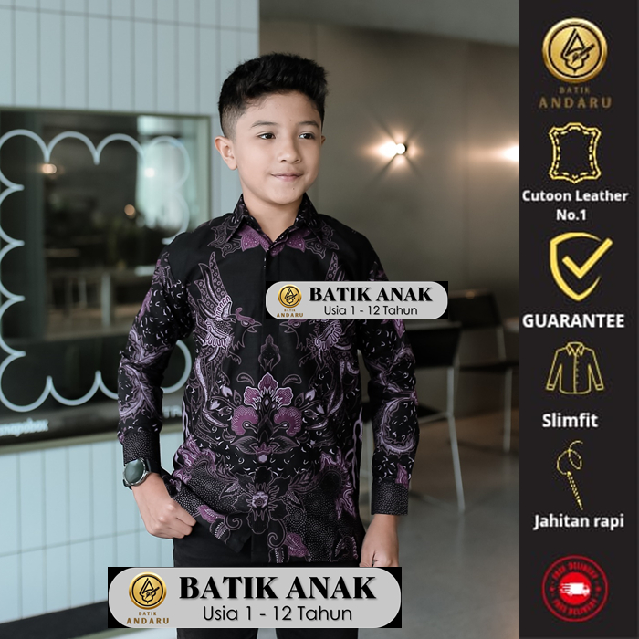 Batik Andaru Kids Baju Batik Anak Laki Laki Cowok Slimfit Lengan Panjang Modern Elegant Lapis Furing