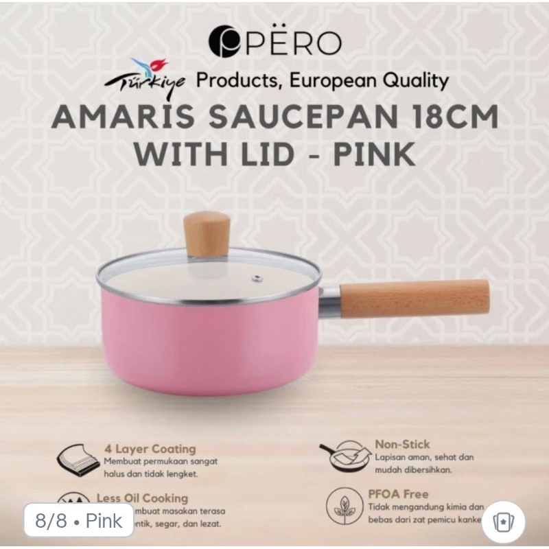 Pero Amaris SaucePan 18cm + Lid Wooden Handle Biogranite / Panci Anti Lengket