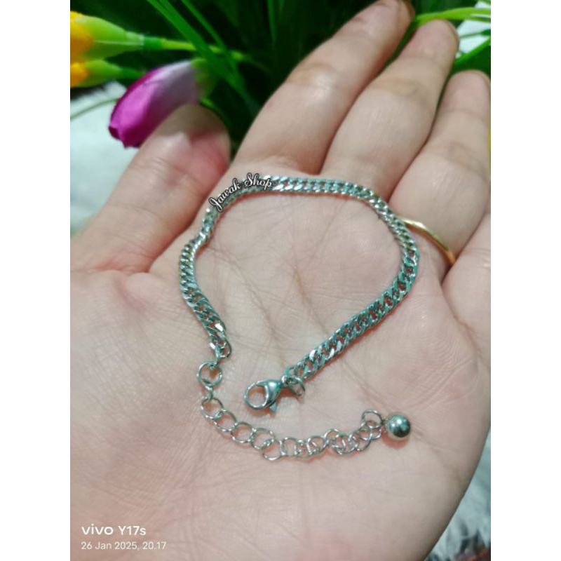 GELANG TITANIUM RANTAI SISIK NAGA KECIL SILVER WANITA ANTI KARAT D595