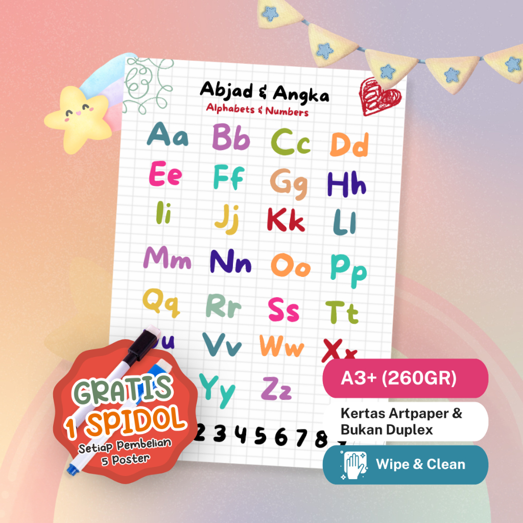 POSTER LAMINASI Alphabet & Number / Poster Angka Huruf / Poster Belajar Anak Dasar | Poster Edukasi 