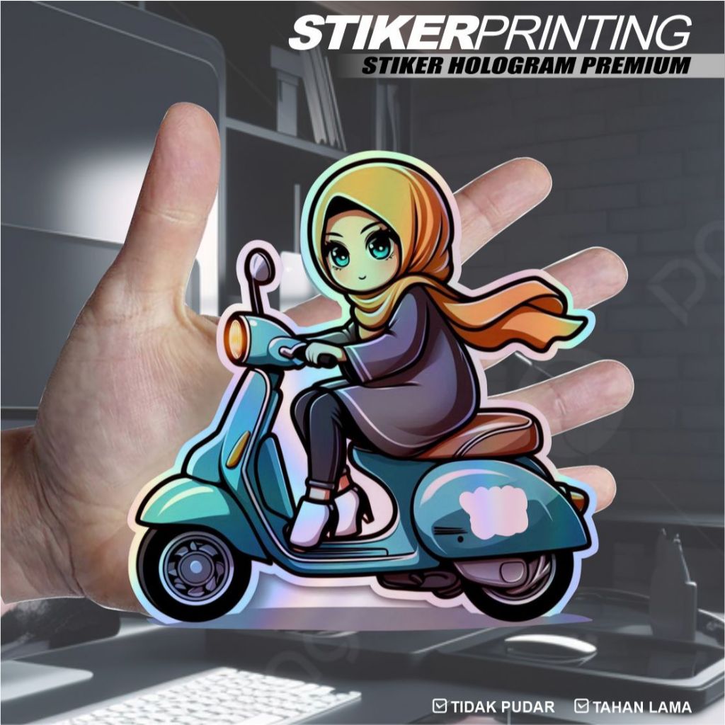 

Stiker printing hologram anime cewe hijab naik motor,stiker anime imut dan menarik