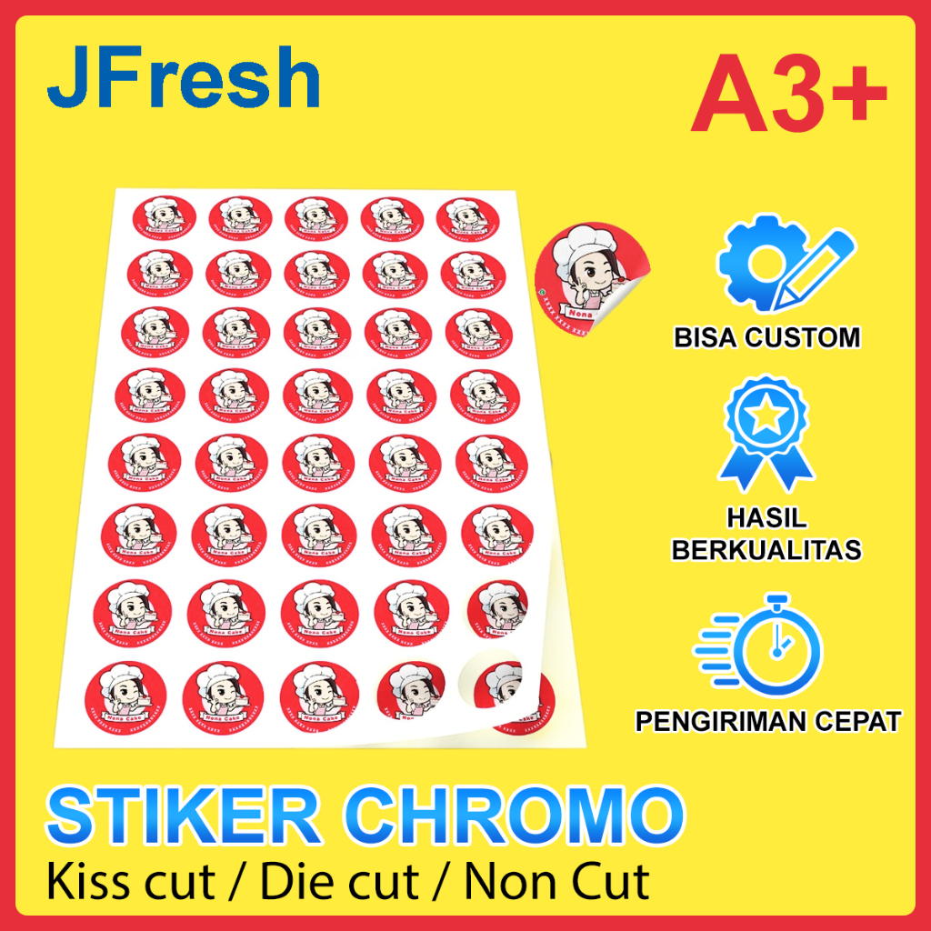 

Cetak Sticker Chromo Custom A3+ / Print Stiker Label Pack Poster Merk Logo Promosi Promo Murah Premium Tempel Kemasan Produk Makanan Minuman Kendaraan Cromo Kromo Kertas A3 + Kiss Cut / Die Cut / Tanpa Cutting