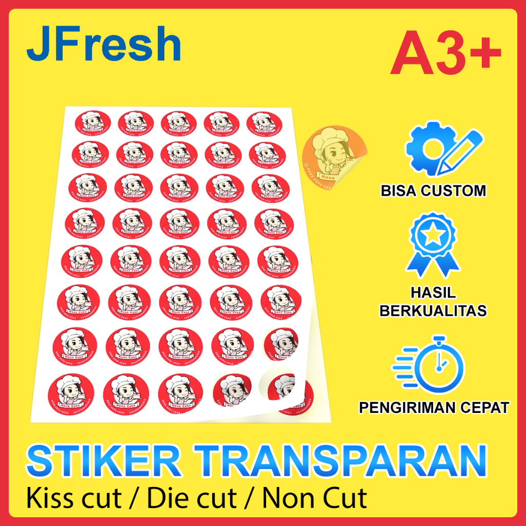 

Cetak Sticker Vinyl Transparan Custom A3+ / Print Stiker Label Waterproof Anti Air Transparant Bening Poster Merk Logo Promosi Tempel Kemasan Produk Makanan Minuman Kendaraan Vinil Kertas Water Proof A3 + Kiss Cut / Die Cut / Tanpa Cutting