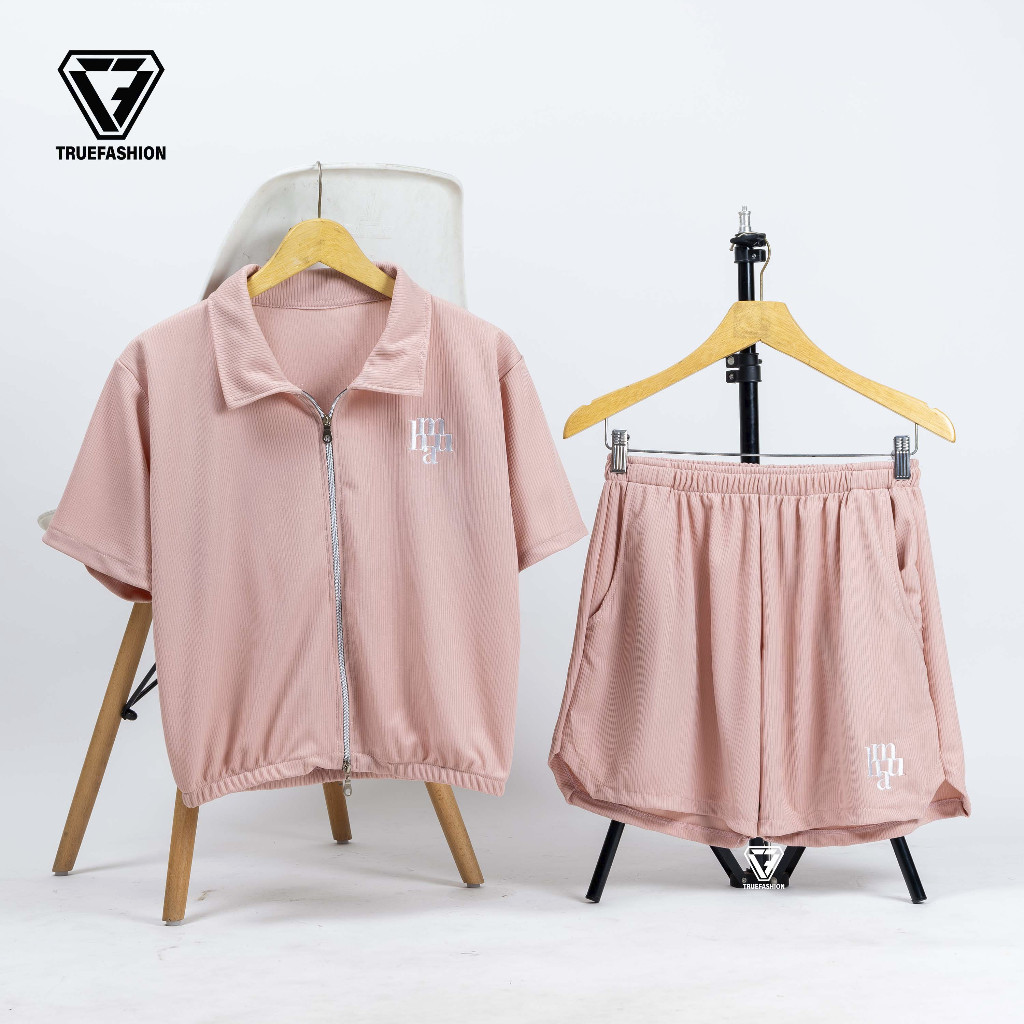 TF - WANNABE Knit One Set Wanita Crop Top Zipper & Short Pants Setelan Baju Olahraga Remaja Kekinian