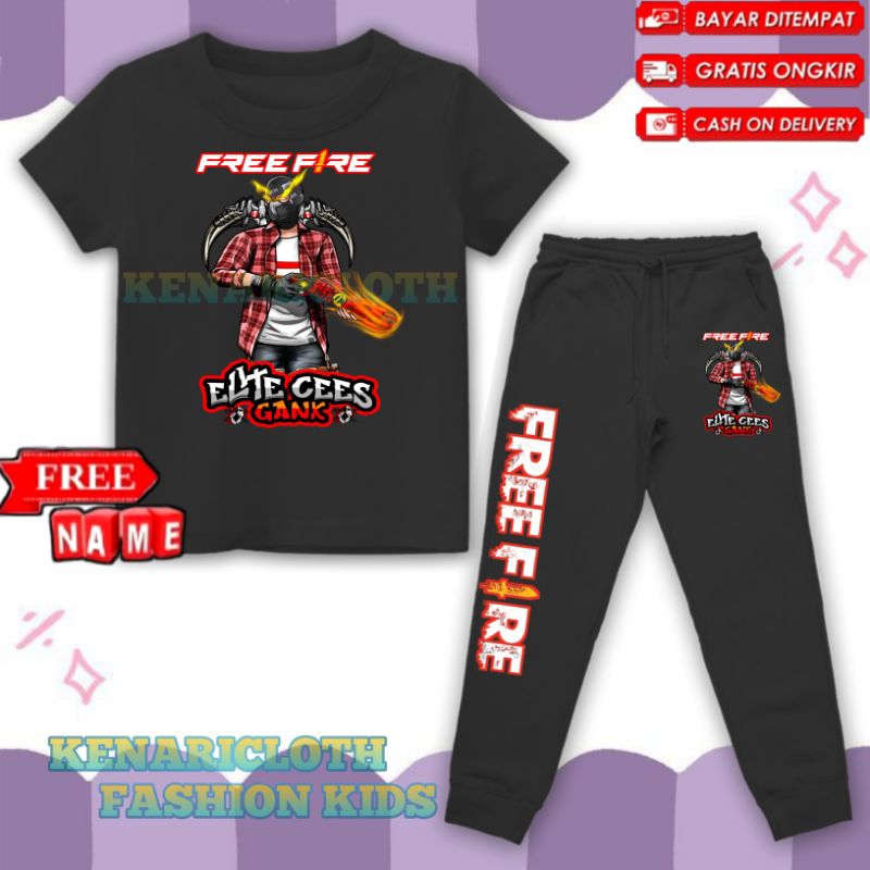 (BISA COD) SETELAN KAOS ANAK USIA 3-12 TAHUN LOGO FF FRE FIREE ELITE CEES GANK / SET BAJU DAN CELANA