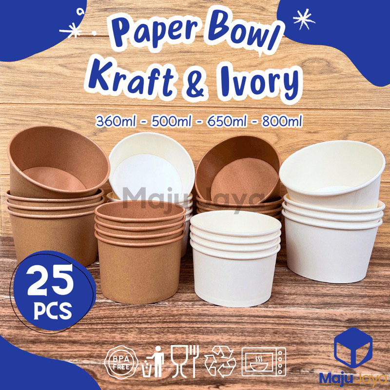 PAPER BOWL + TUTUP UKURAN LENGKAP 360 500 650 800 ml / PAPER BOWL PUTIH COKLAT / MANGKOK KERTAS / BO