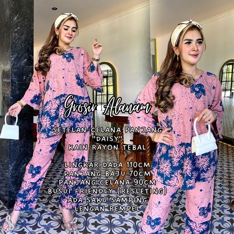 Toko Spesial CP DAISY MAYNI  SETELAN CELANA PANJANG KAIN RAYON TEBAL MODEL MOTIF TERBARU ALANAM