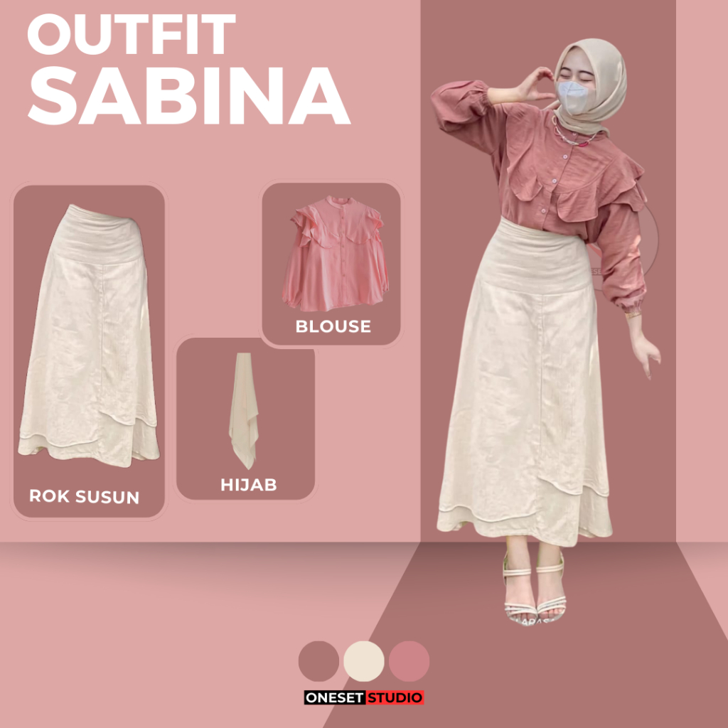 One Set Wanita Setelan Kampus (Blouse Ruffle + Rok Susun + Hijab) OOTD Korean Style Terbaru SABINA