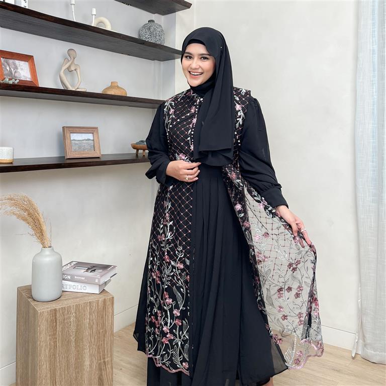 Gamis Aisyah Rompi Lepasan - Bahan Ceruty Brokat, LD 110, Panjang 134 cm, Warna Hitam Pink & Hitam C