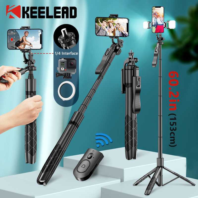 KEELEAD Tripod HP Kamera Tongsis Monopod dengan remot Bluetooth dan 2 lampu sorot - L16