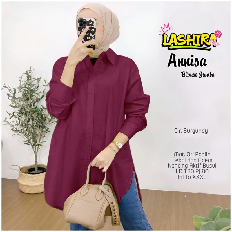 Annisa blouse atasan kemeja hem dewasa wanita muslimah jumbo ld 130 ori poplin polos tebal terbaru l