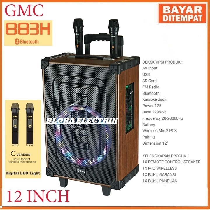 SPEAKER GMC 883H SPEAKER BLUETOOTH FULL BASS 12 INCH FREE MIC 2 WEARLESS