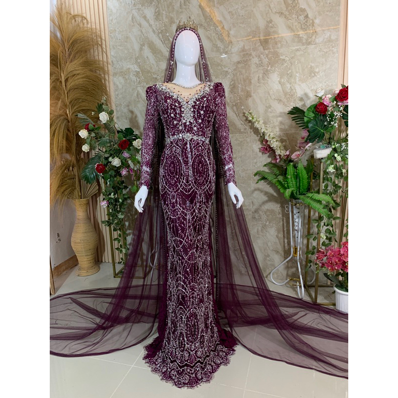 gaun pengantin slim maroon bergundy mewah. murah