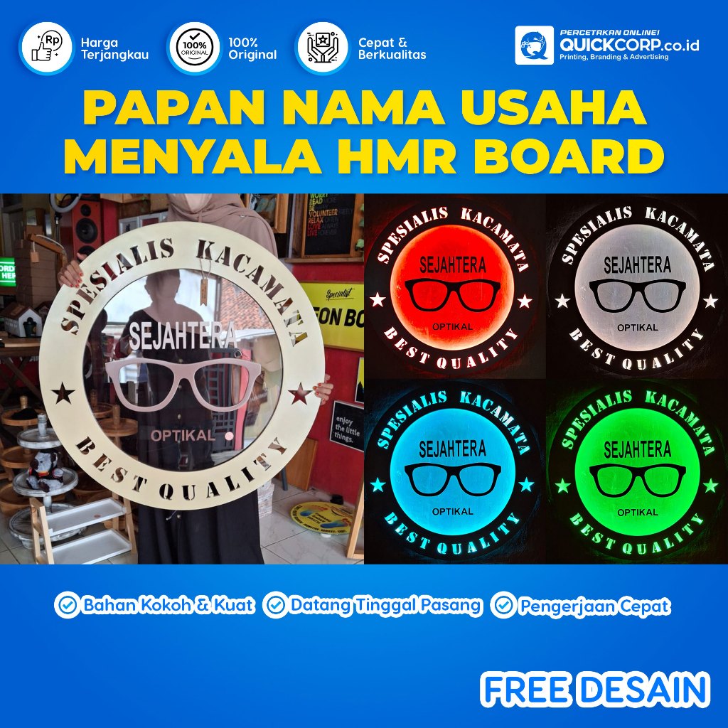 Papan Nama Usaha Menyala Custom HMR Board, Signboard LED HMR Board Custom dengan Lampu, Papan Nama B