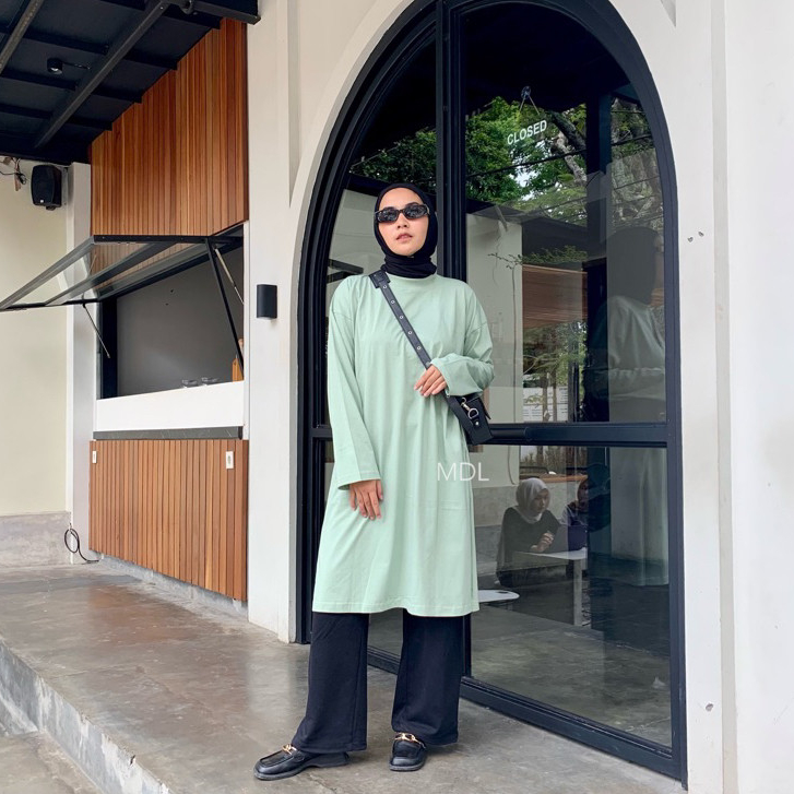 [𝗚𝗹𝗮𝗺𝗼𝗿𝗮] NUNA SLIT Dress Jumbo Oversized Polos Lengan Panjang Warna Hijau Mint