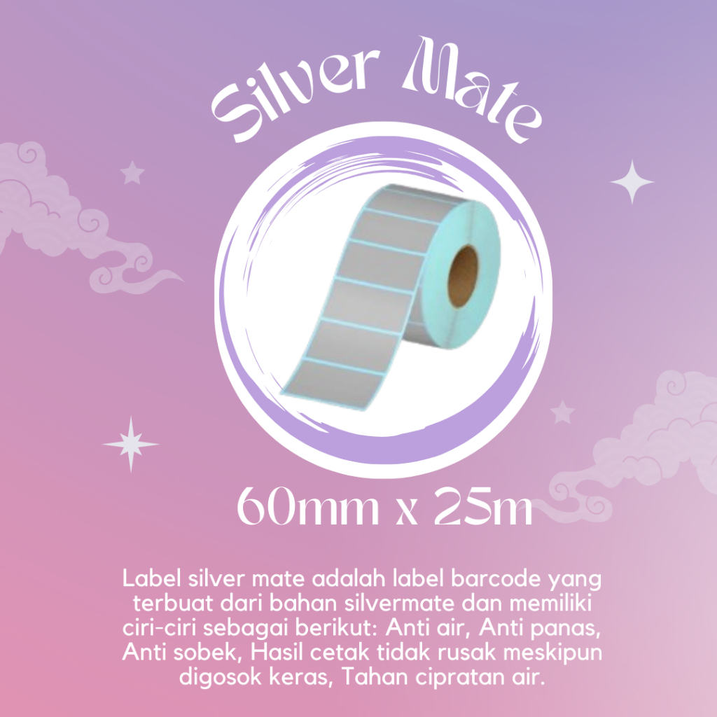 

LABEL SILVERMATTE UK.60MM X 25M CORE 1 INCHI ,ISI 1000 PCS / ROLL