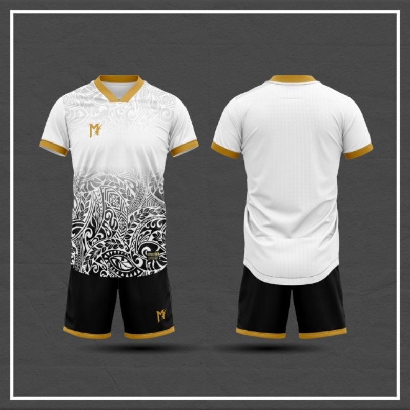 MUZAKAR Baju Futsal Setelan Stelan Jersey Bola White Black Gold Putih Hitam Emas Batik, Bisa Sablon