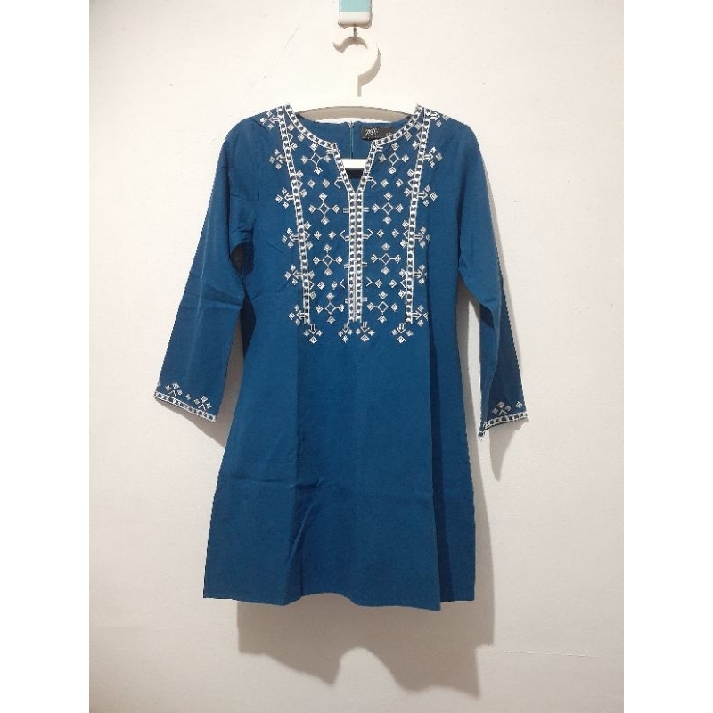 Atasan blouse bordir wanita biru toska PRC preloved