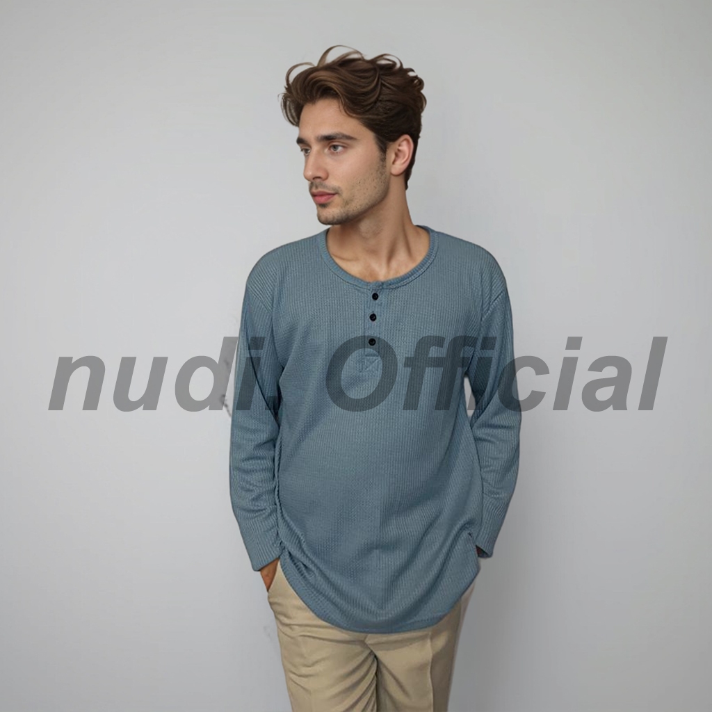 Nudi - Basic Long Sleeve T-shirt Waffle Henley Knit Atasan Pria Lengan Panjang Kerah Kancing