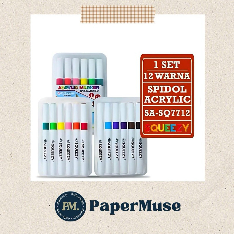 

Spidol Kuas Akrilik/ Brushpen merek Squeezy 12 Warna permanent