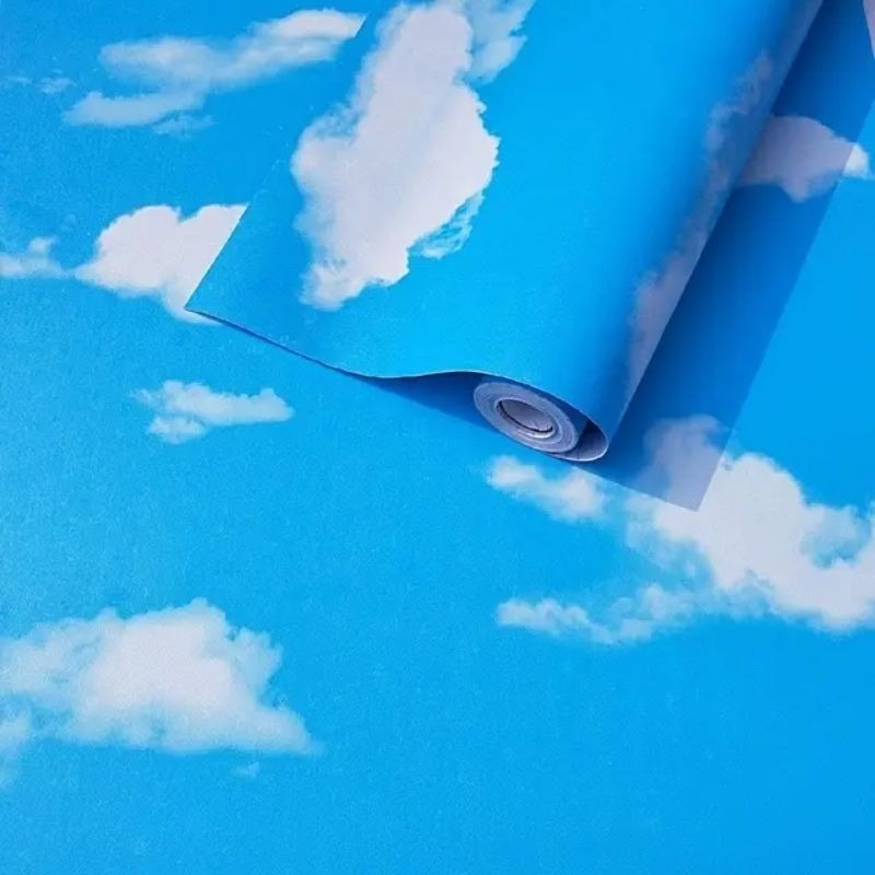 DTG - Wallpaper Dinding motif awan putih biru 45 x 8M Wallstiker motif awan cocok buat kamar tidur C